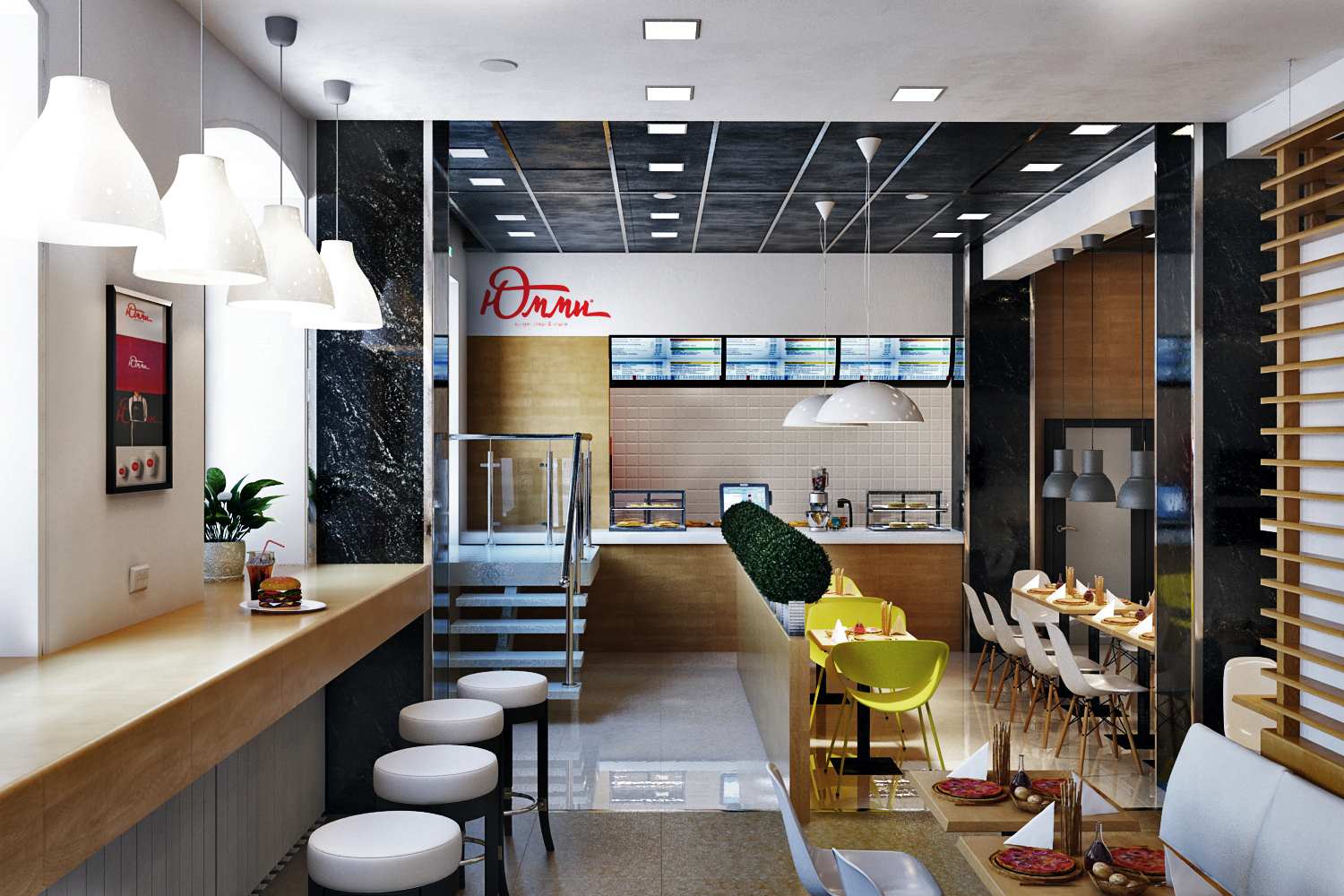 Проект интерьера с разработкой айдентики для сети кафе бистро "Юмми"