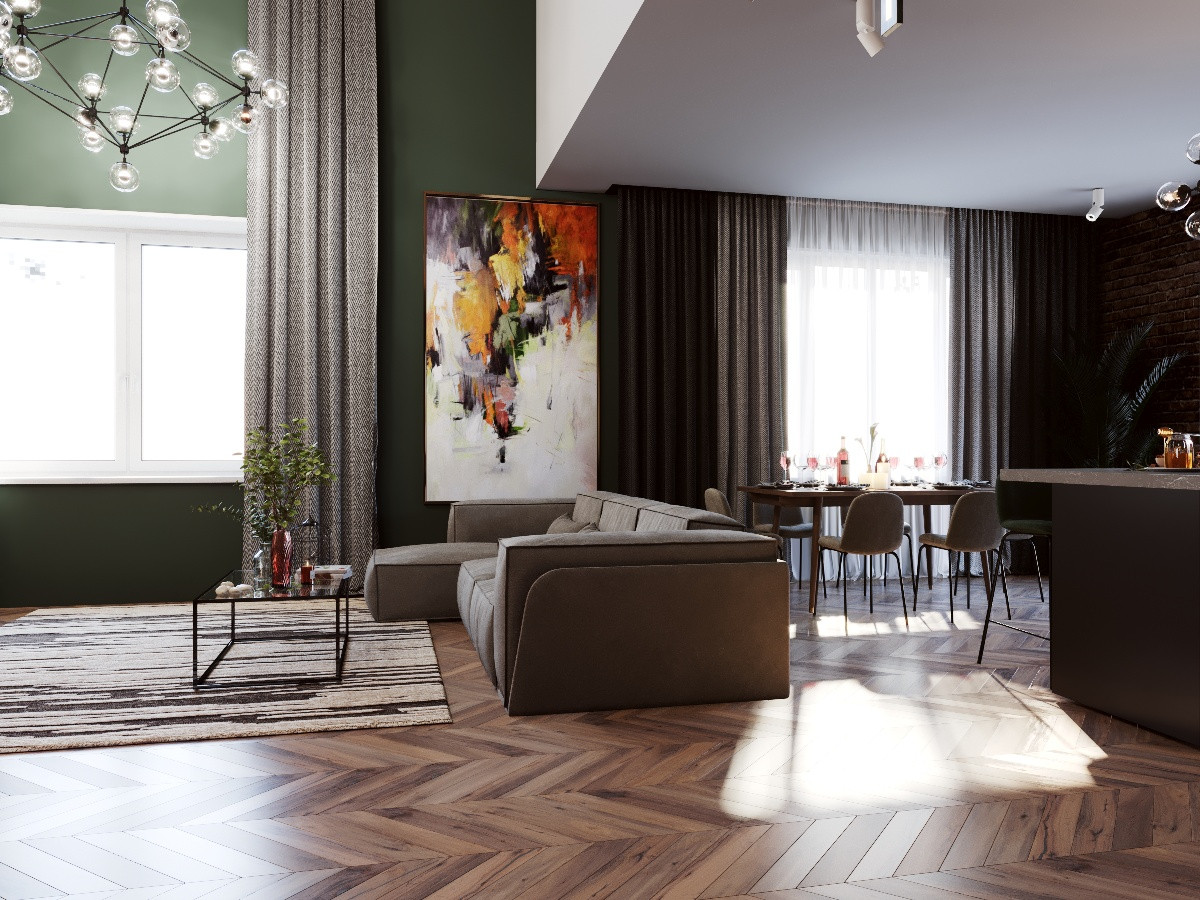 Дизайн кухни-гостиной 55 кв.м