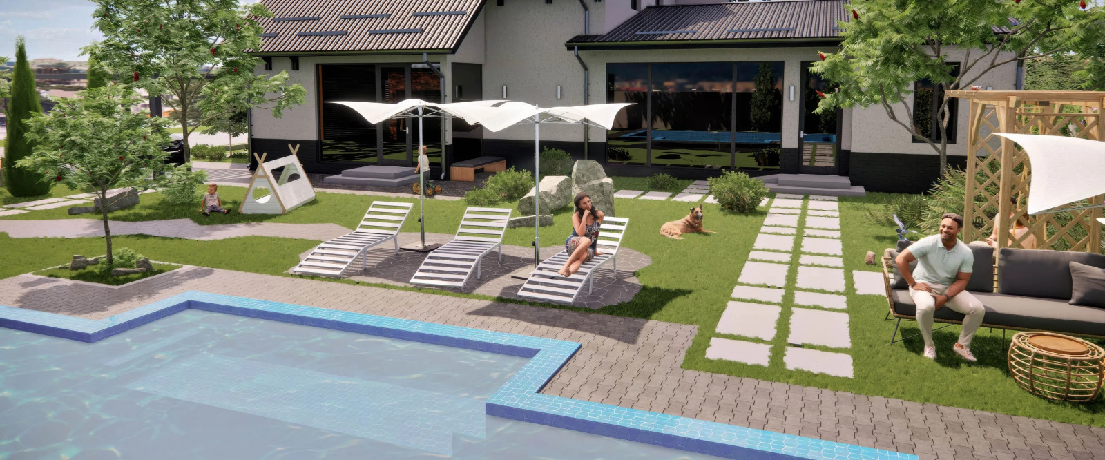 Фасад и ландшафт дачного домика