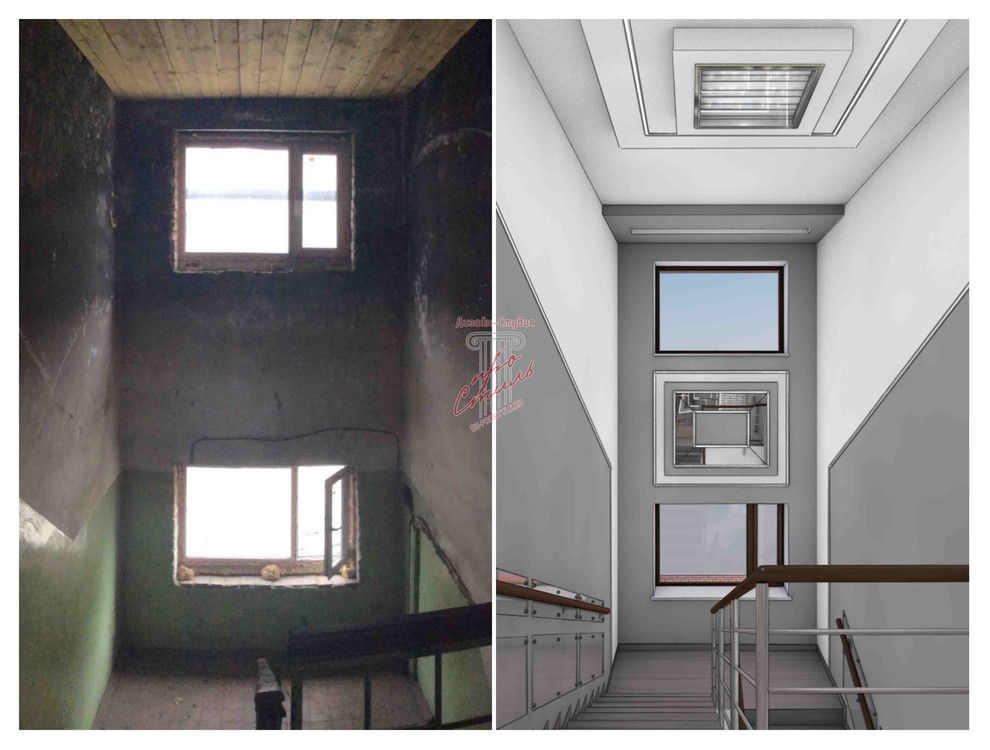 Обложка проекта: Дизайн-проект офисного здания. До и после. Визуализация.