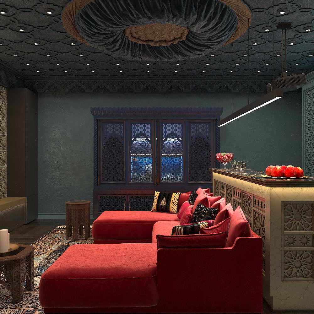 Интерьер кинозала в цокольном этаже загородного дома в Восточном стиле