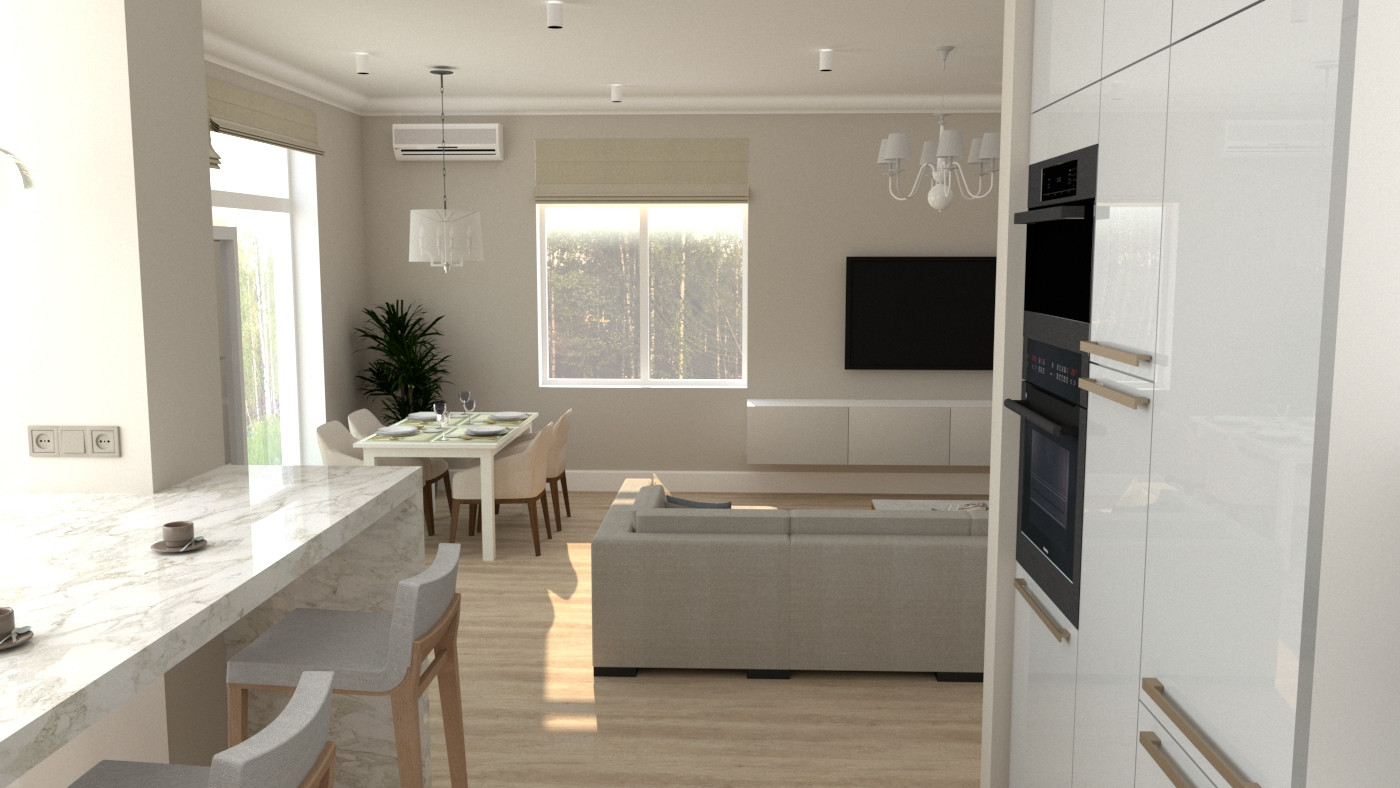 Кухня-гостиная с видом на овраг