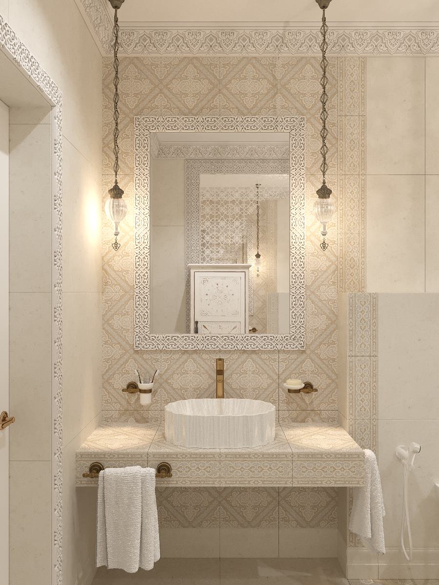 Интерьер санузла в цокольном этаже загородного дома в Восточном стиле.