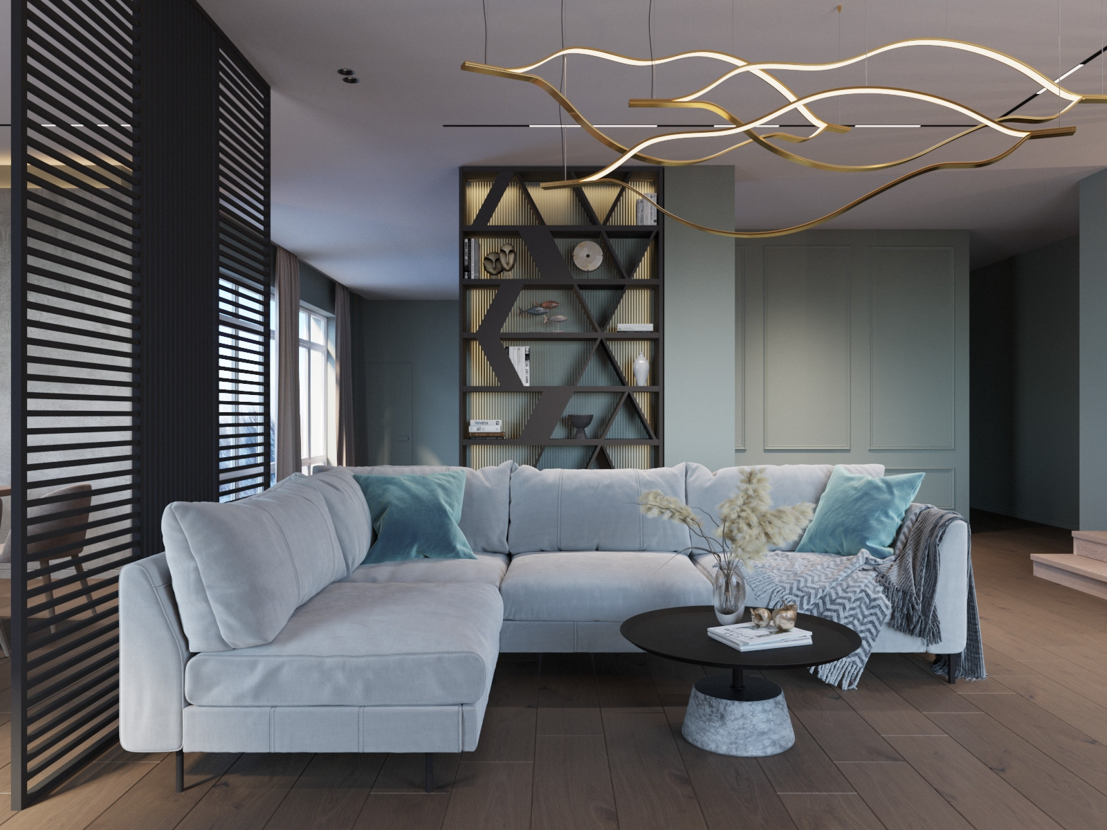 Гостиная коттеджа в г. Березовский. Проект выполнен совместно со студией HOLST