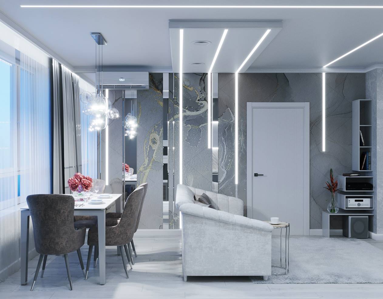 Кухня гостиная с функциональной подсветкой