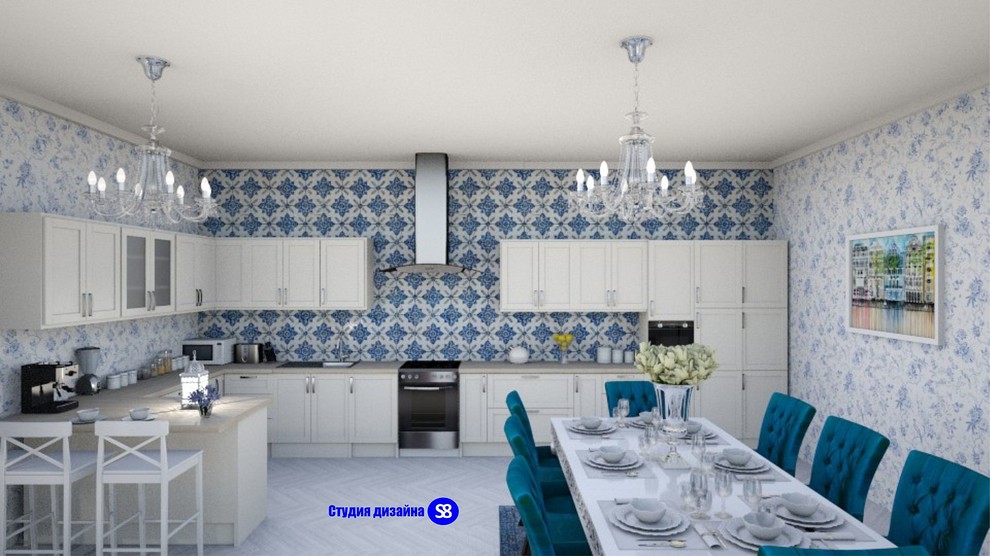 Обложка проекта: Кухня совмещенная с гостиной в классическом стиле для клиента из Франции