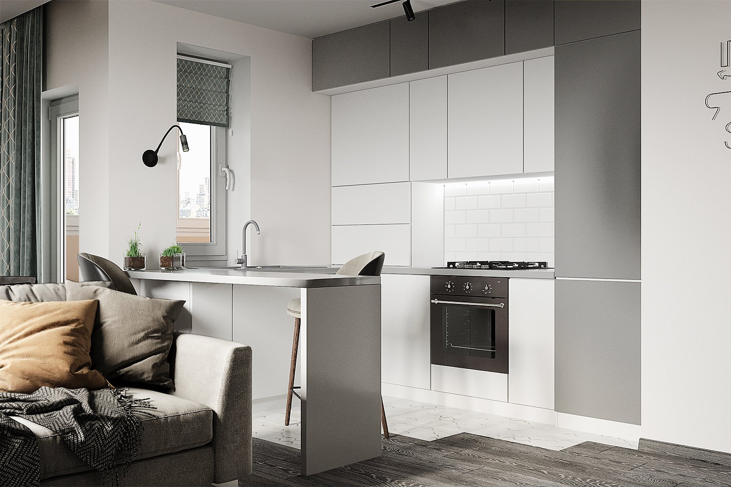 Кухня-гостиная. Вариант в холодных тонах.