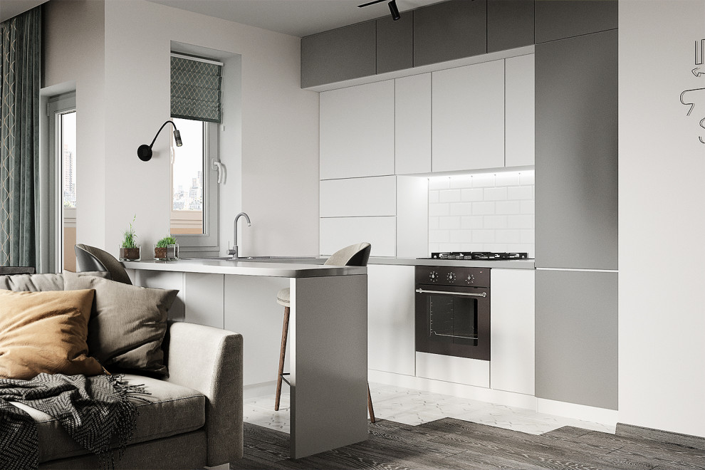 Кухня-гостиная. Вариант в холодных тонах.