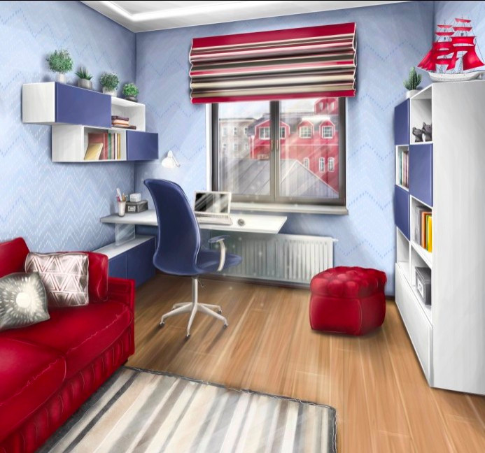 Детская для школьника с видом на питерские крыши.