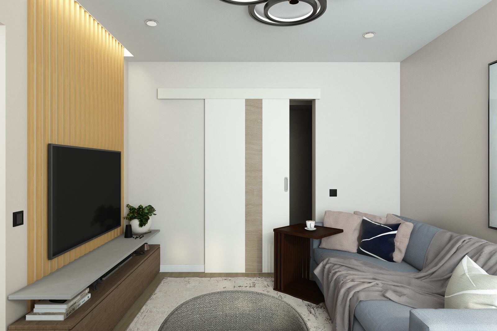 Гостиная из проекта трехкомнатной квартиры для молодой семейной пары с ребенком