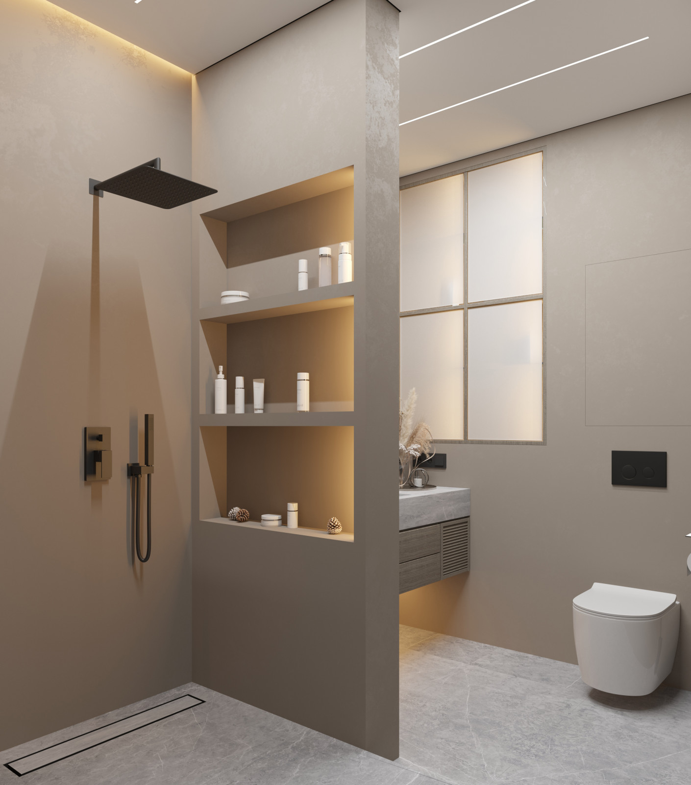 Компактная и функциональная душевая комната в микроцементе