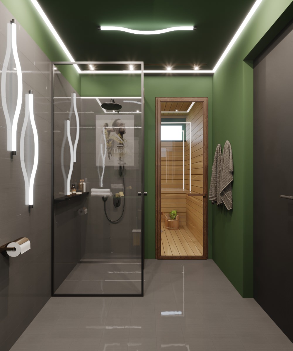 Ванная и сауна рядом с кабинетом. Таунхаус в ЖК "Парк Авеню"