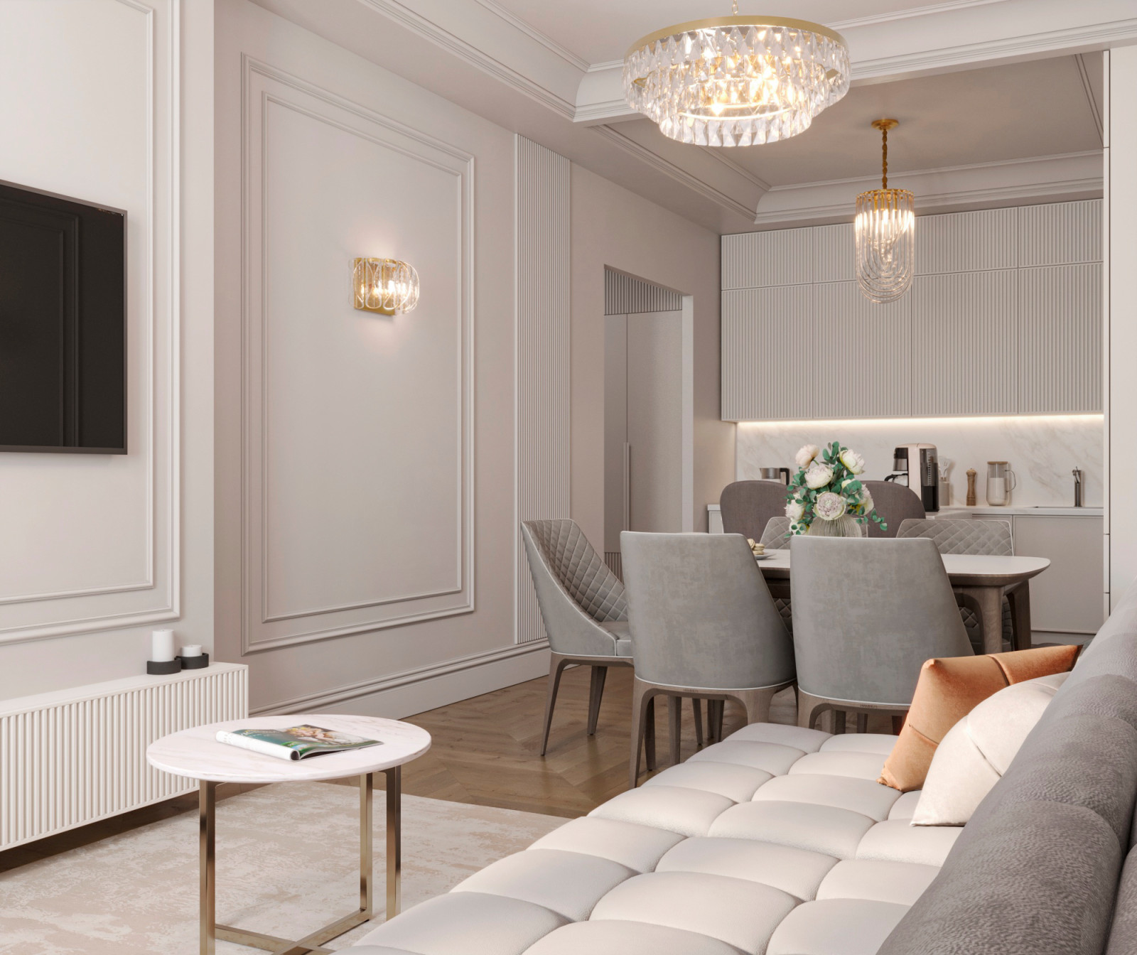 Кухня-гостиная нео-классика светлый вариант