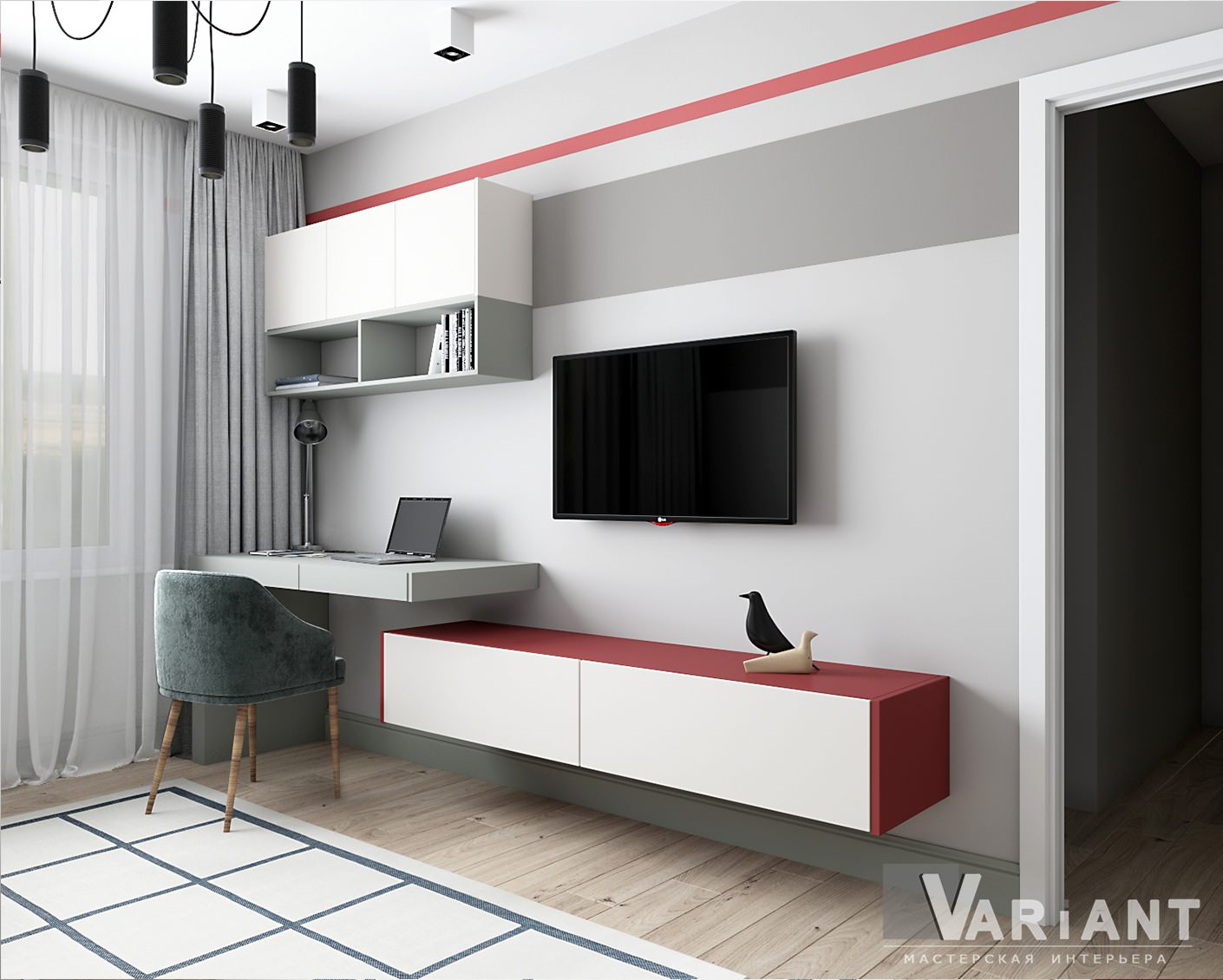 Гостиная с синим диваном и кроватью