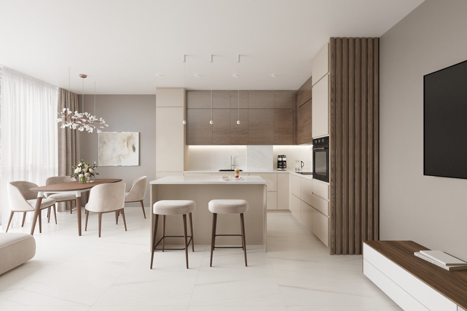 Переустройство кухни-гостиной в трехкомнатной квартире