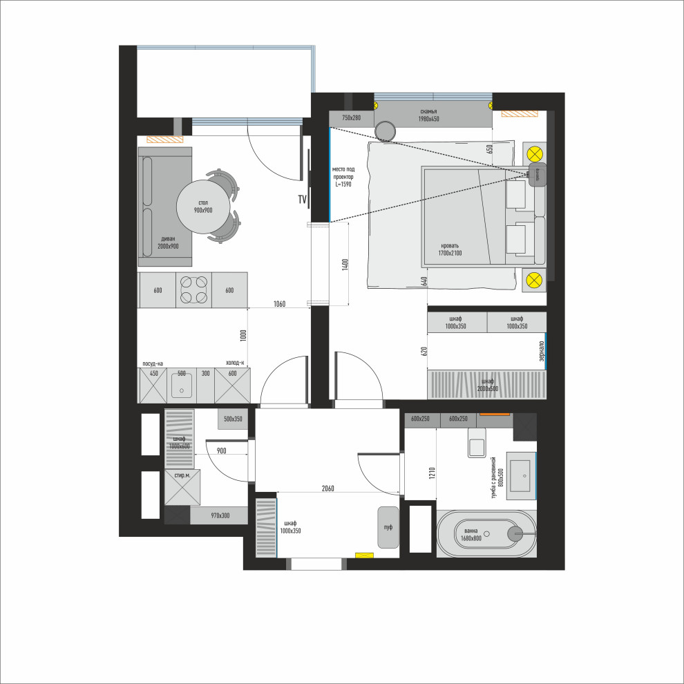 Поиск планировки: 46 кв.м с кухонным островом [6 вариантов]