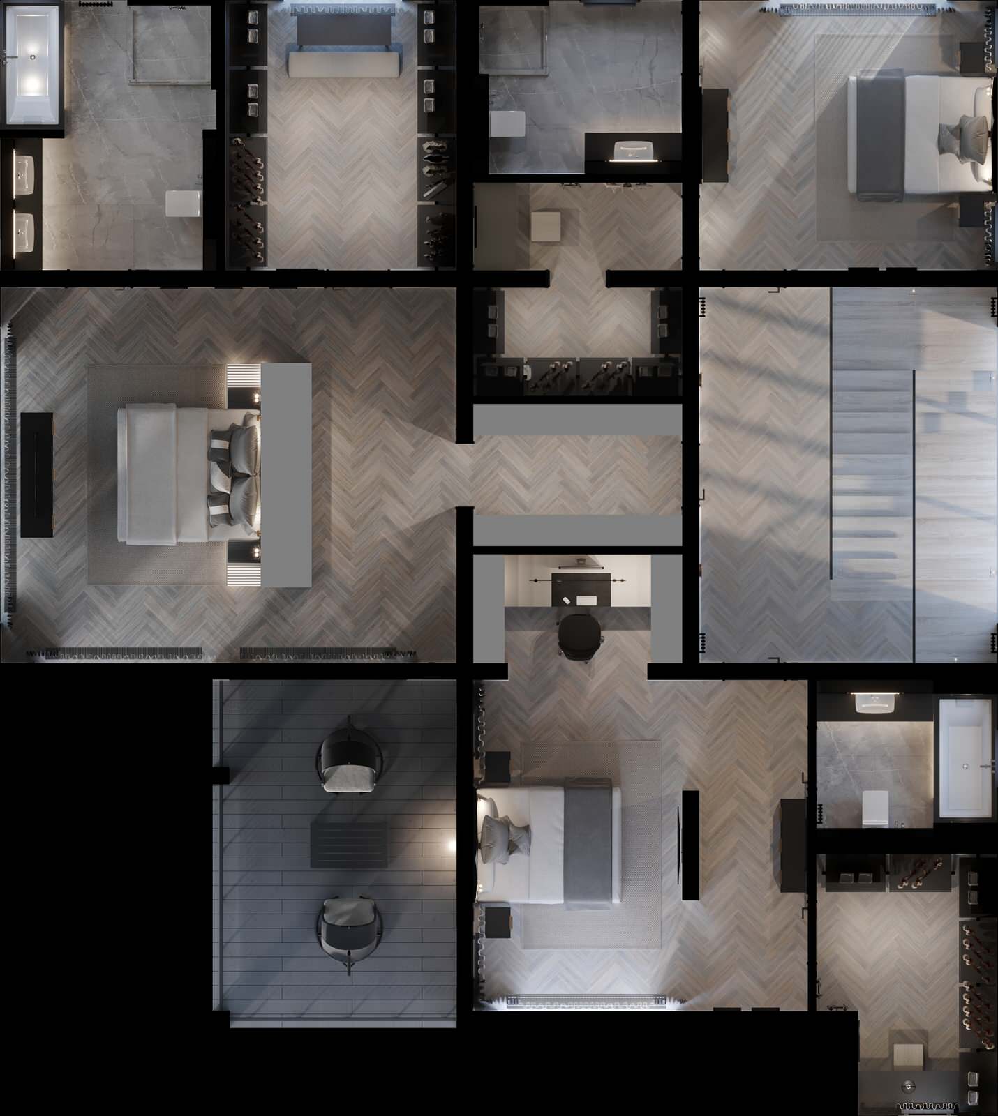 3d-визуализация плана второго этажа в проекте загородного дома