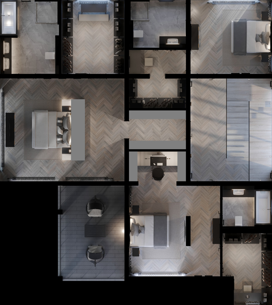 3d-визуализация плана второго этажа в проекте загородного дома