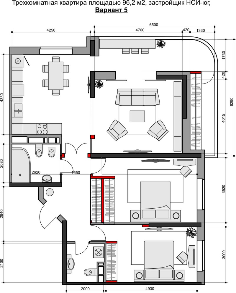 Варианты перепланировки трехкомнатной квартиры+исходный план от застройщика