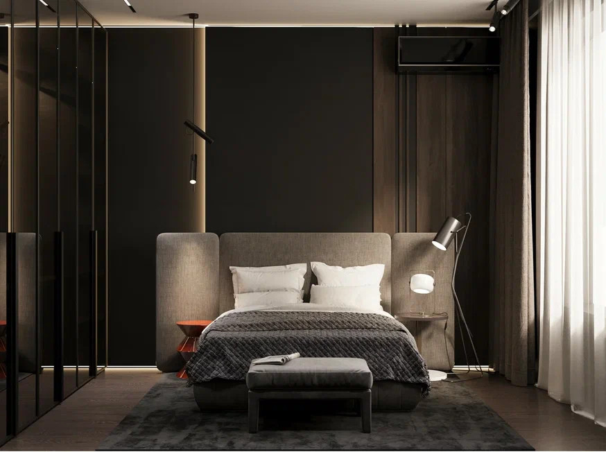 Квартира 54 м² для молодого человека в темных тонах с яркими акцентами