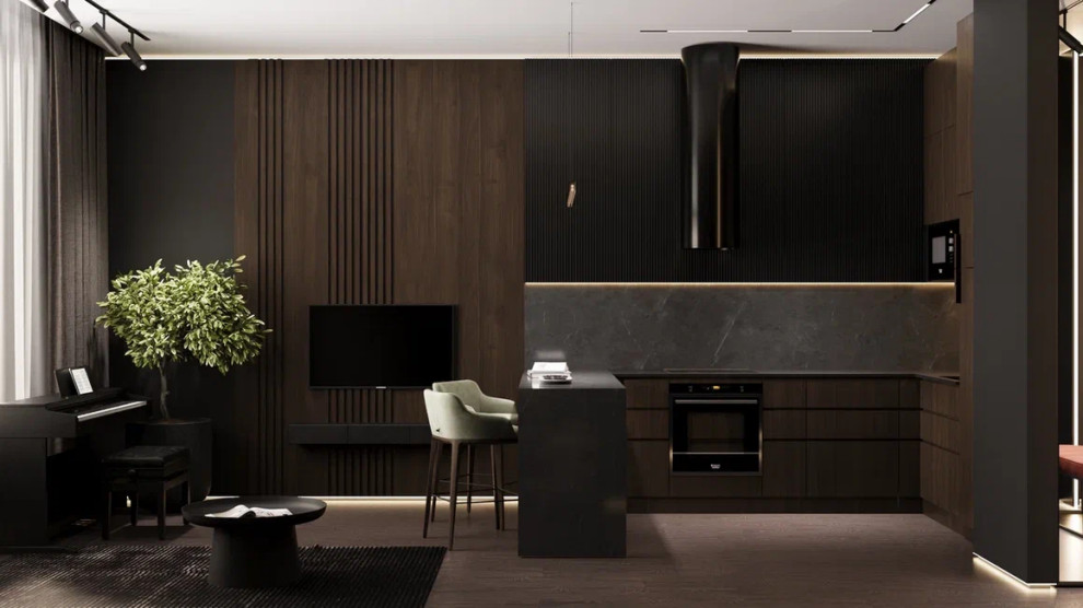 Квартира 54 м² для молодого человека в темных тонах с яркими акцентами