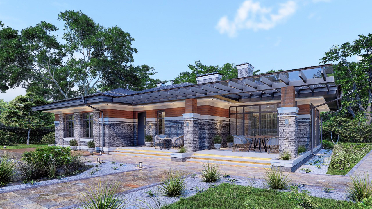 Проект одноэтажного дома в стиле Райта