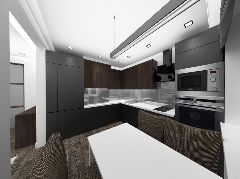 Черно-серая квартира с черно-коричневой кухней