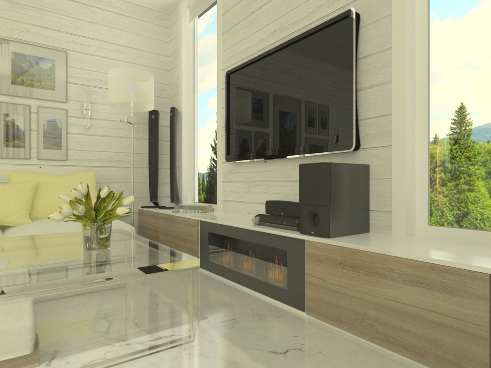 Интерьер кухни-гостиной в загородном доме из клееного бруса, г. Ижевск