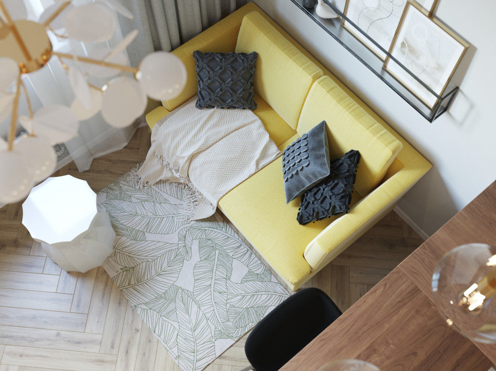 Лимонный меланж: солнечная и уютная кухня-гостиная.