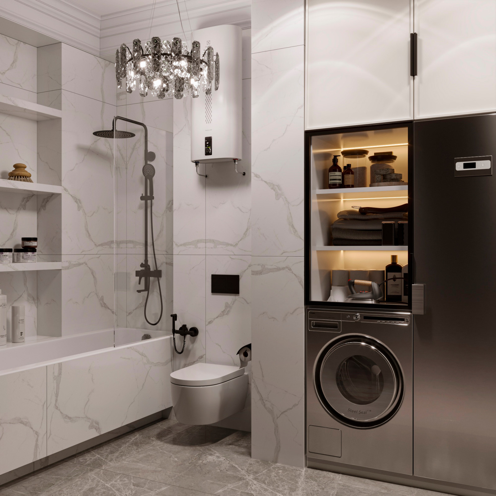 Современная ванная  в светлых тонах с постирочной зоной