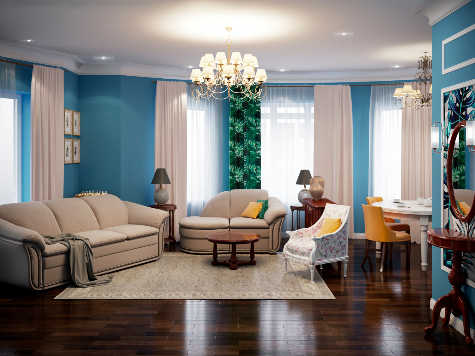 Кухня-гостиная в голубом цвете