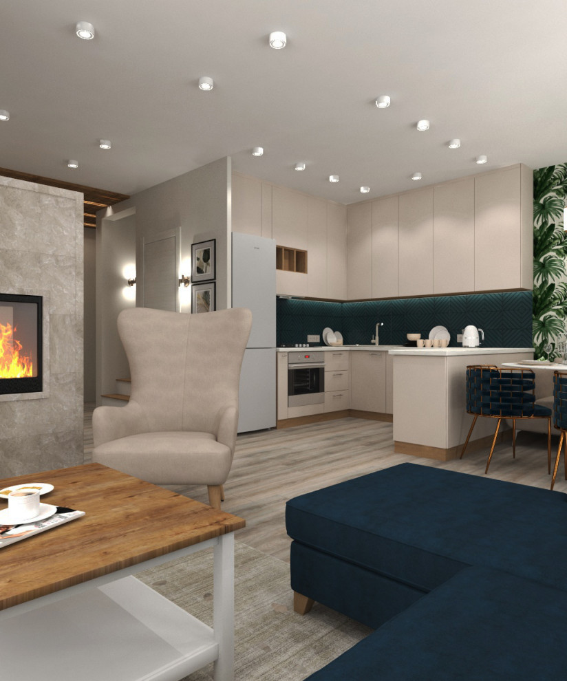 Дизайн кухни-гостиной с тропическими обоями