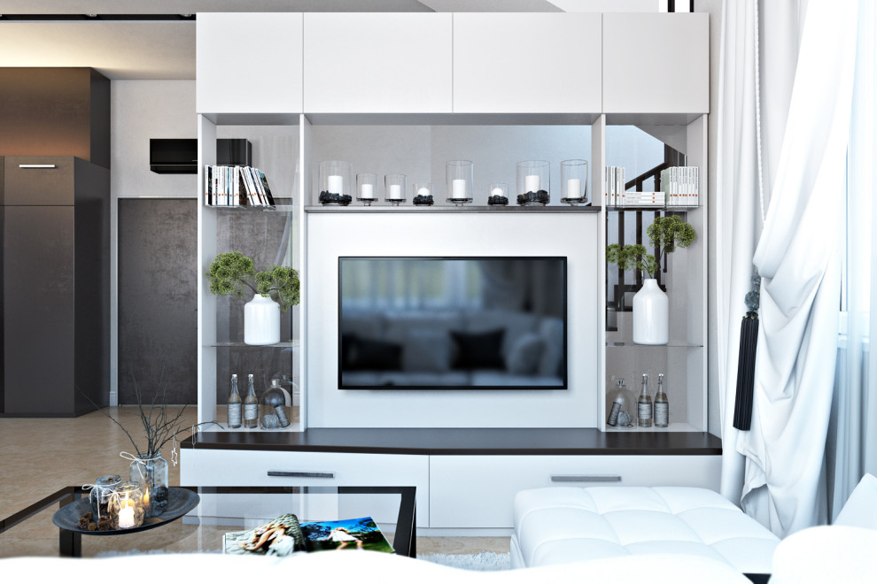 Дизайн гостиной и кухни в коттедже в современном стиле