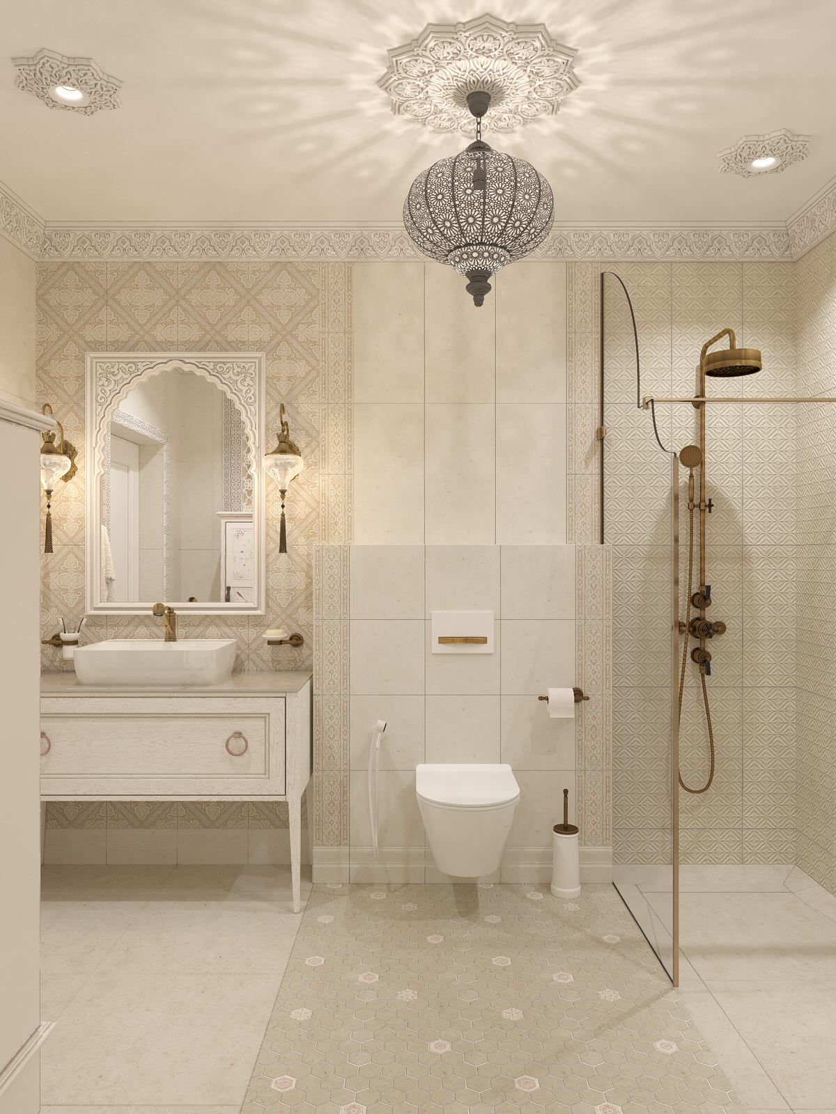 Интерьер санузла в цокольном этаже загородного дома в Восточном стиле