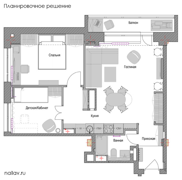 Перепланировка двухкомнатной квартиры в евротрешку. Дом Серии КМС101.  55 кв.м