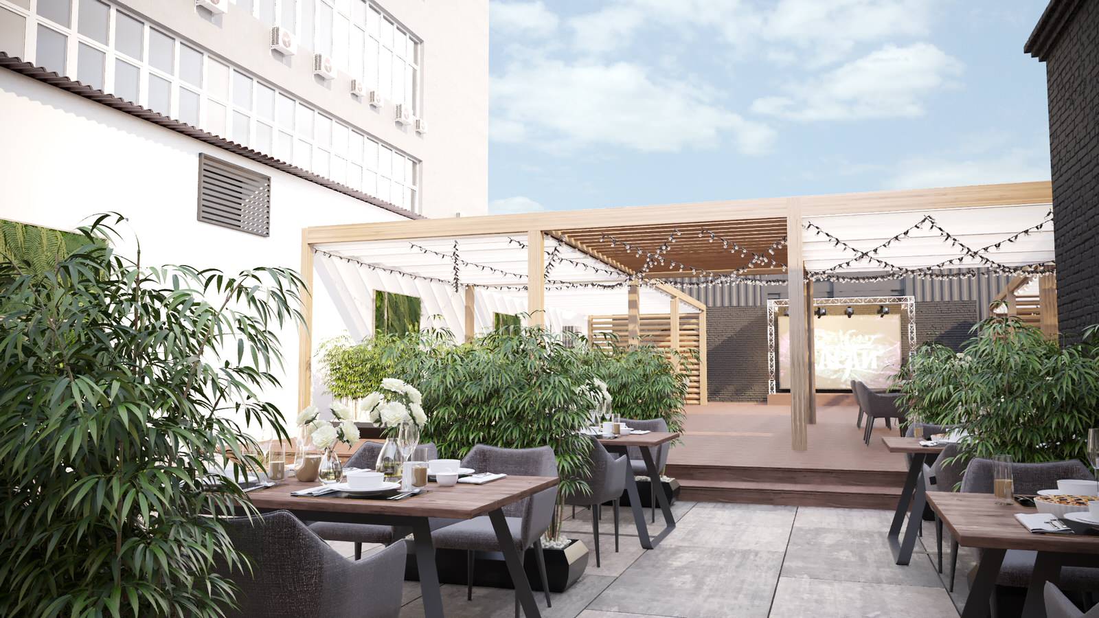 Благоустройство летней террасы бара.