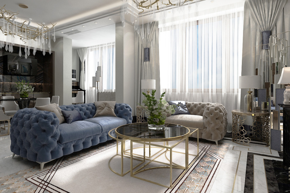 Гостиная с камином ArtDecoю. Квартал Redside