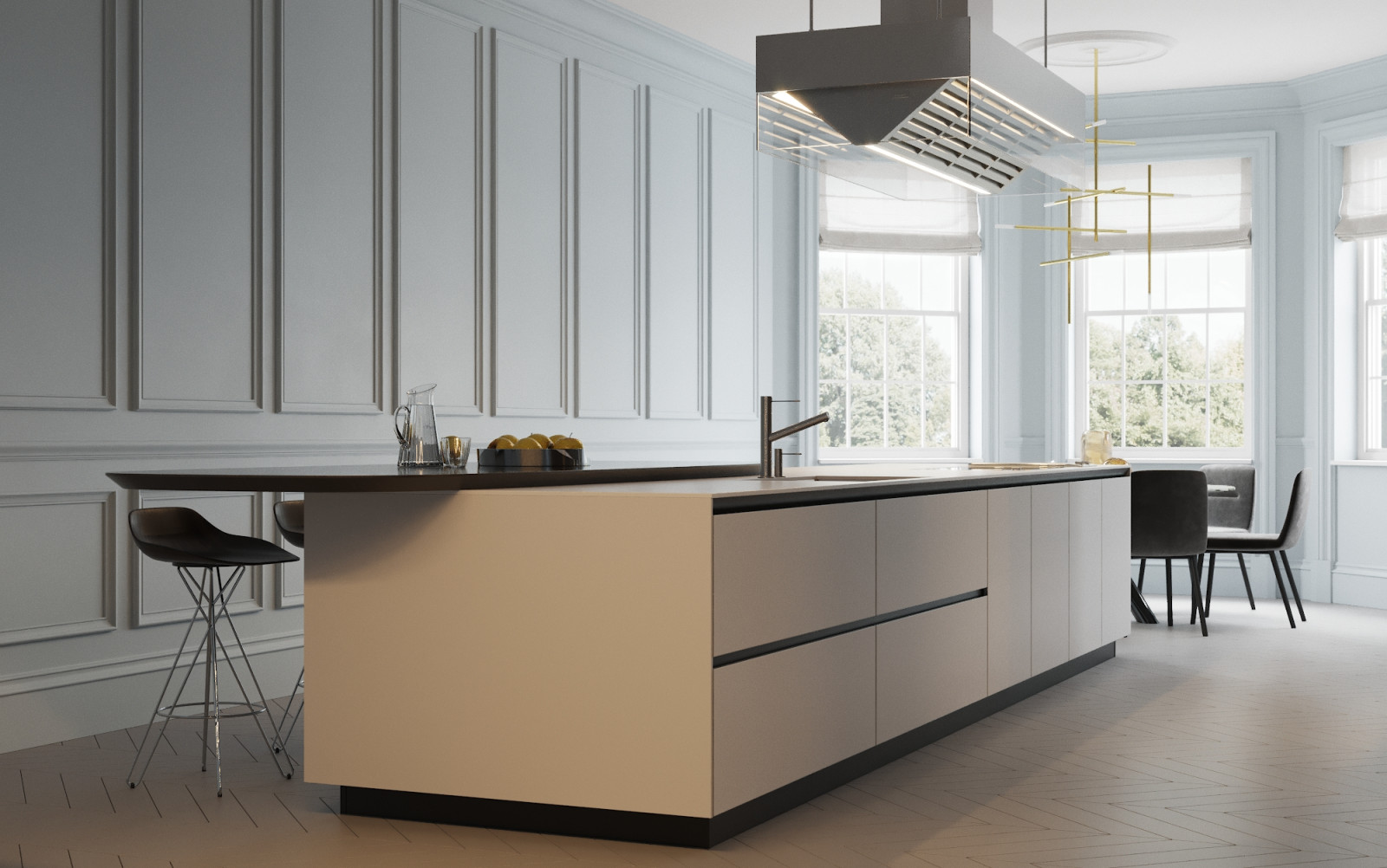 Интерьер зоны кухни-гостиной для загородного дома