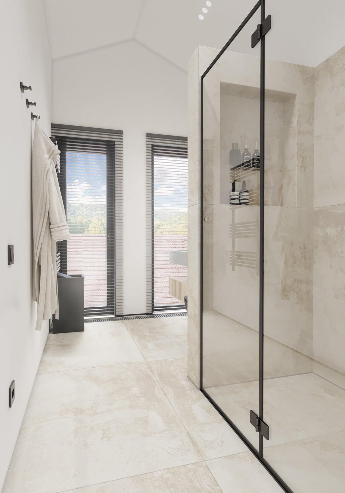 Дизайн просторного санузла с панорамными окнами