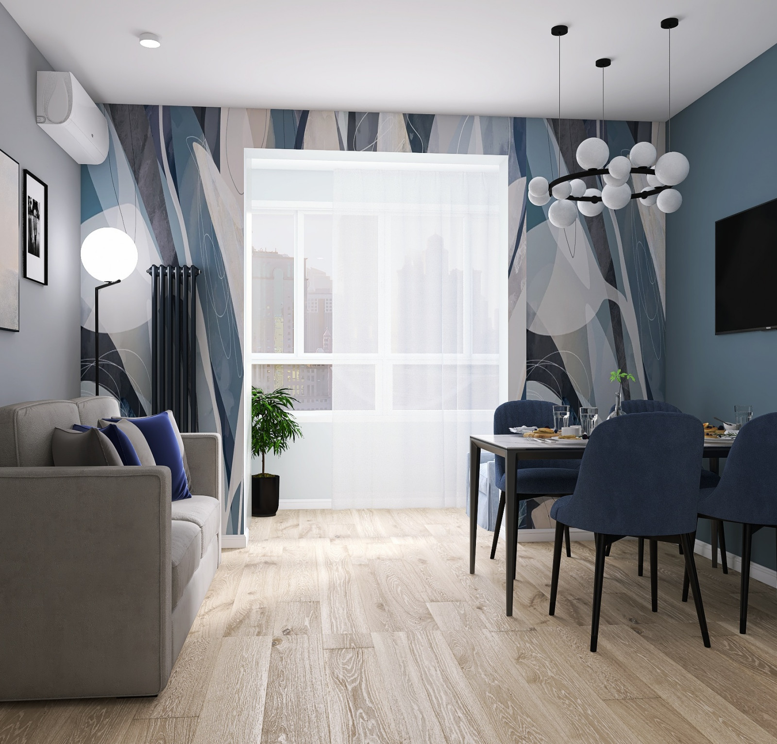 Кухня-гостиная в синих тонах