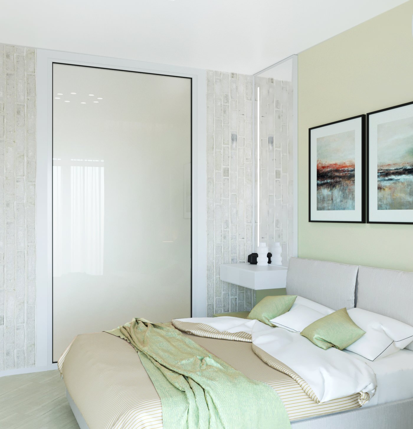 Вид на стеклянную перегородку в спальне.