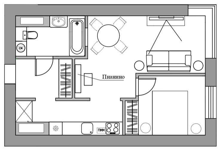 Поиск планировки: «Однушка» с кухней в коридоре и зоной для йоги