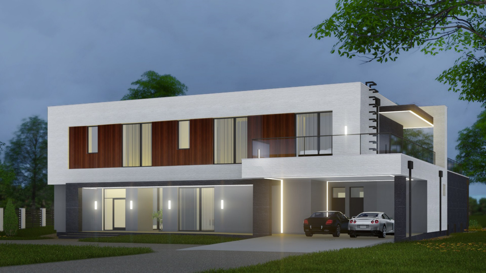 Проект двухэтажного дома в современном стиле, с плоской эксплуатируемой крышей