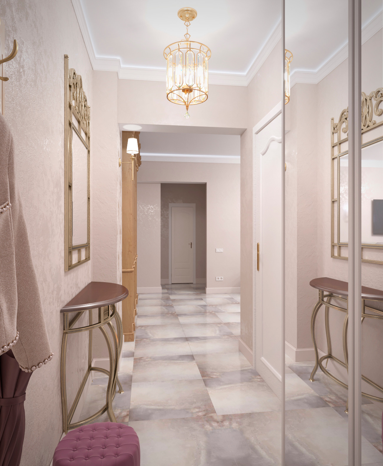 Прихожая, вид на коридор и дверь в ванную.