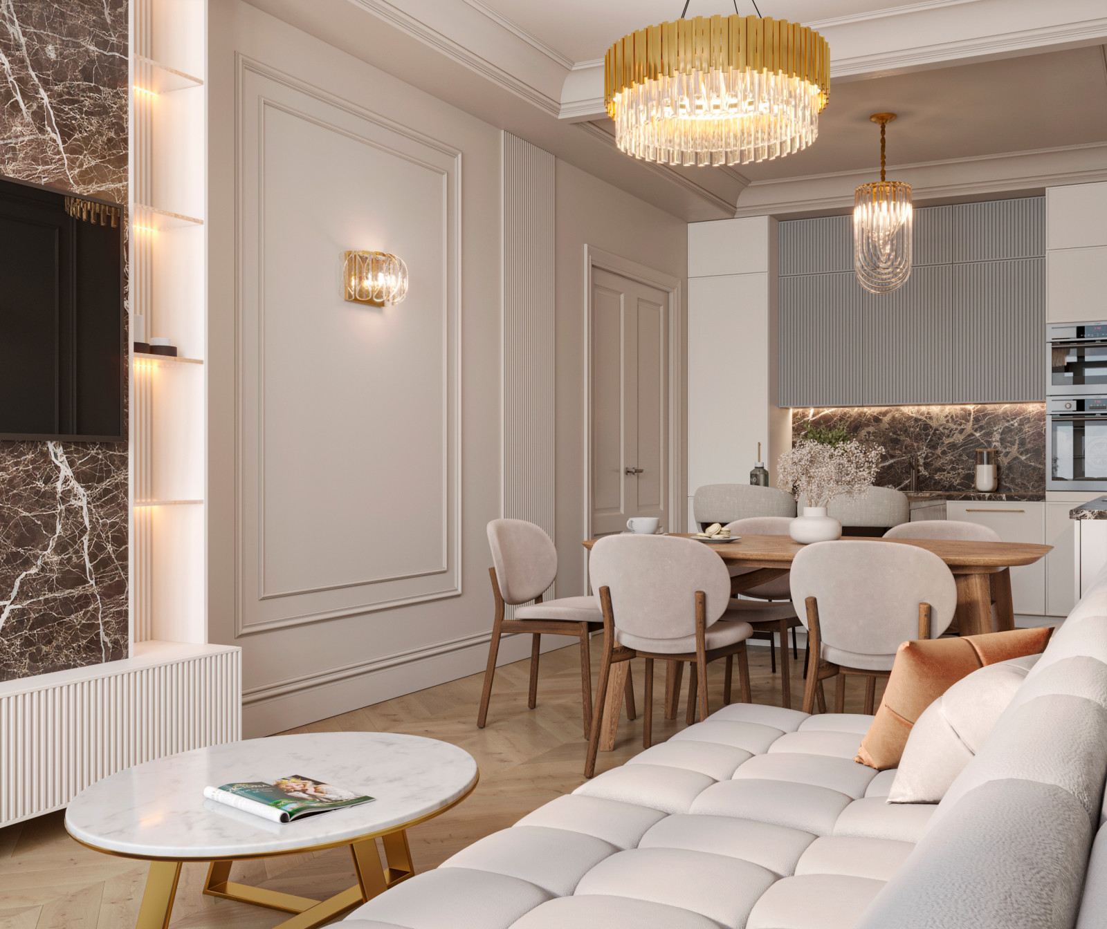 Обложка проекта: Кухня-гостиная нео-классика с яркими акцентами из камня