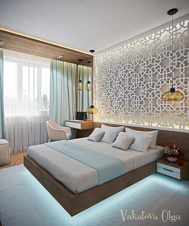 Обложка проекта: Интерьер  спальни в стиле минимализм  с этническими мотивами.
