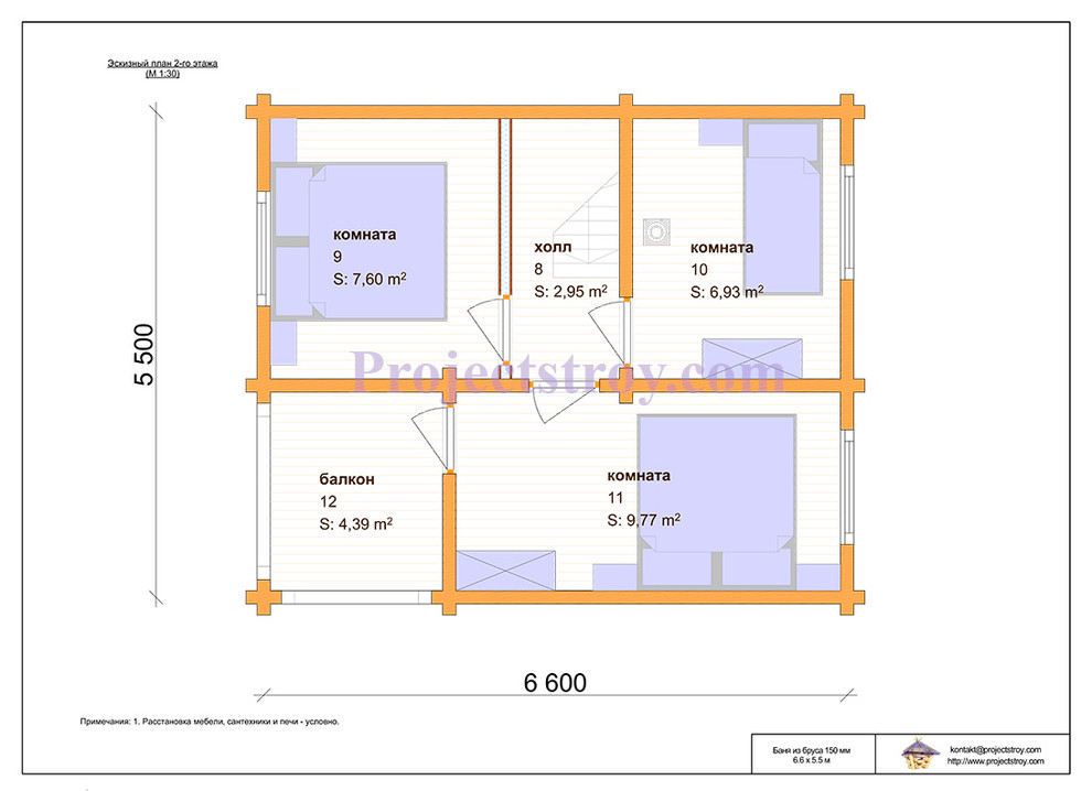 Проект бани из бруса 150 мм - 6.6 х 5.5 м