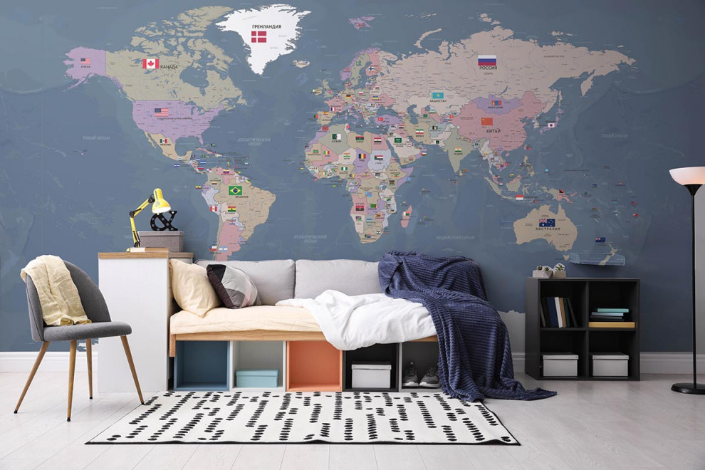 Фотообои Карта мира с флагами государств синяя