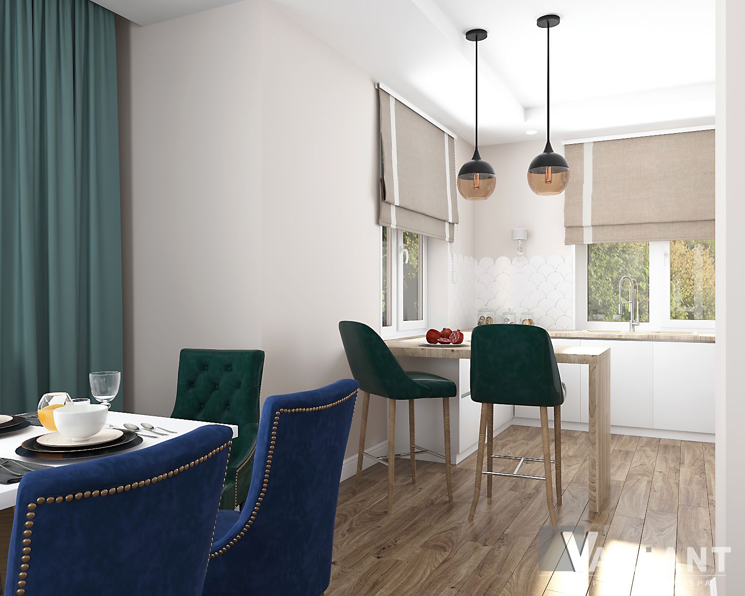 кухня-гостиная с синими диванами