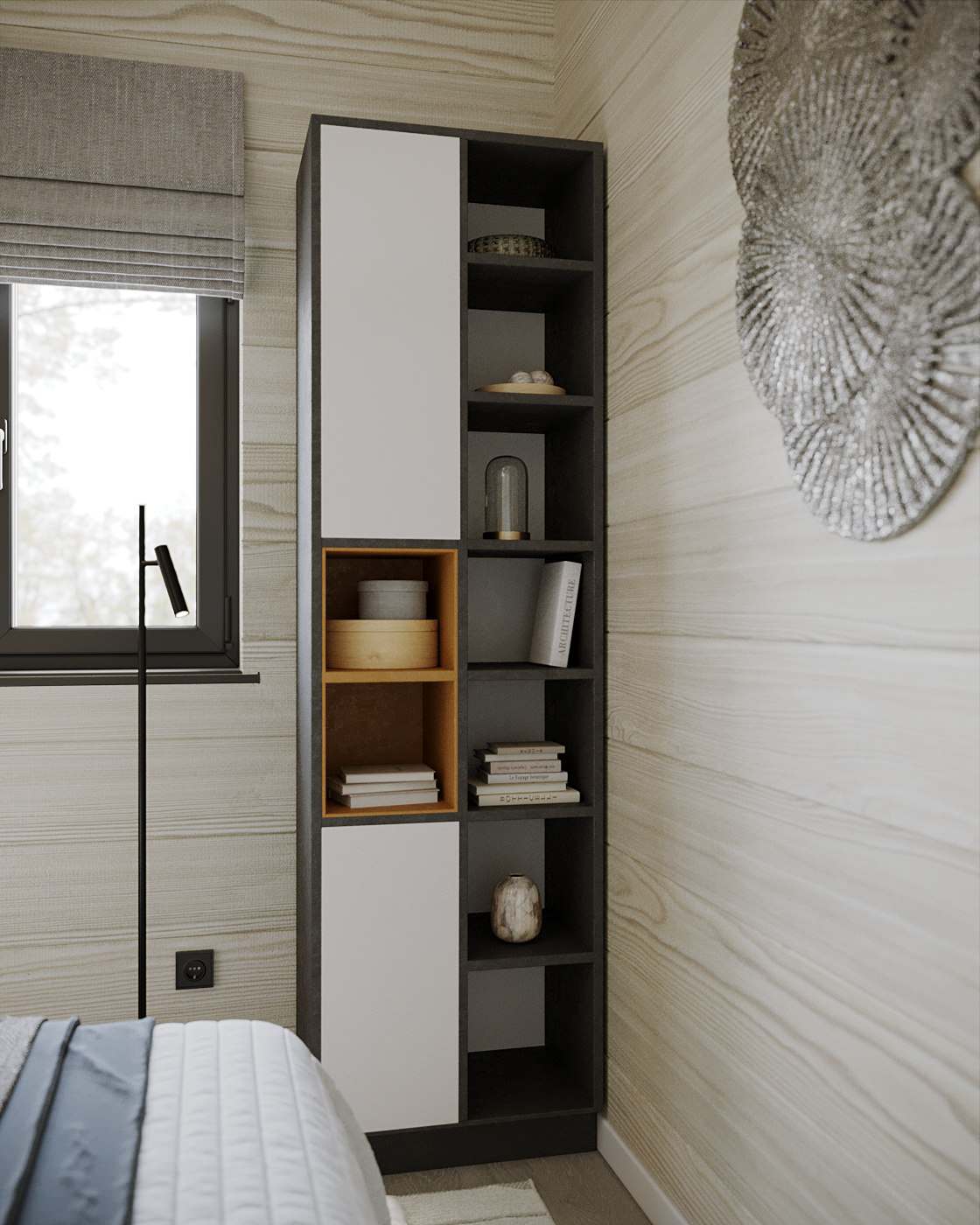 Стильный дизайн спальни в доме из бруса